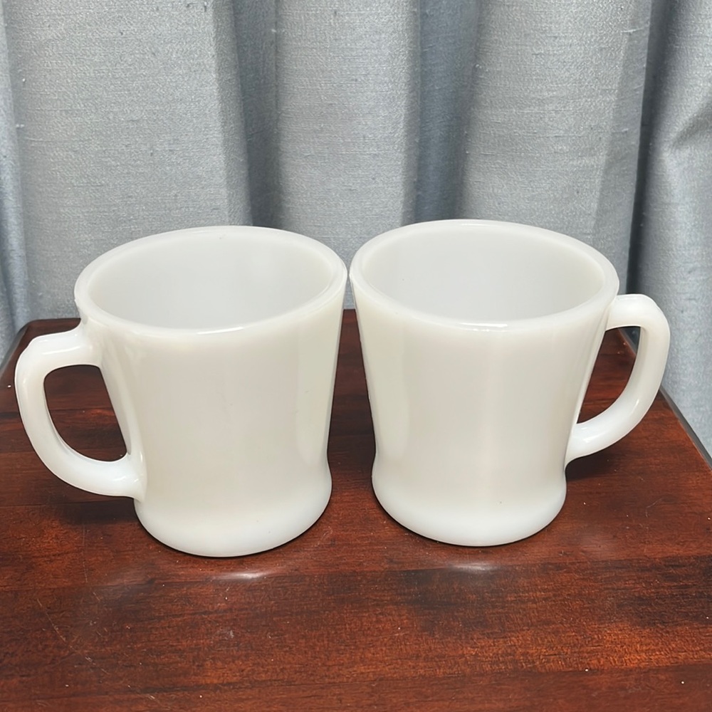 2 Vintage Anchor Hocking Fire King White Milk Glass Coffee Mugs D Handles USA!